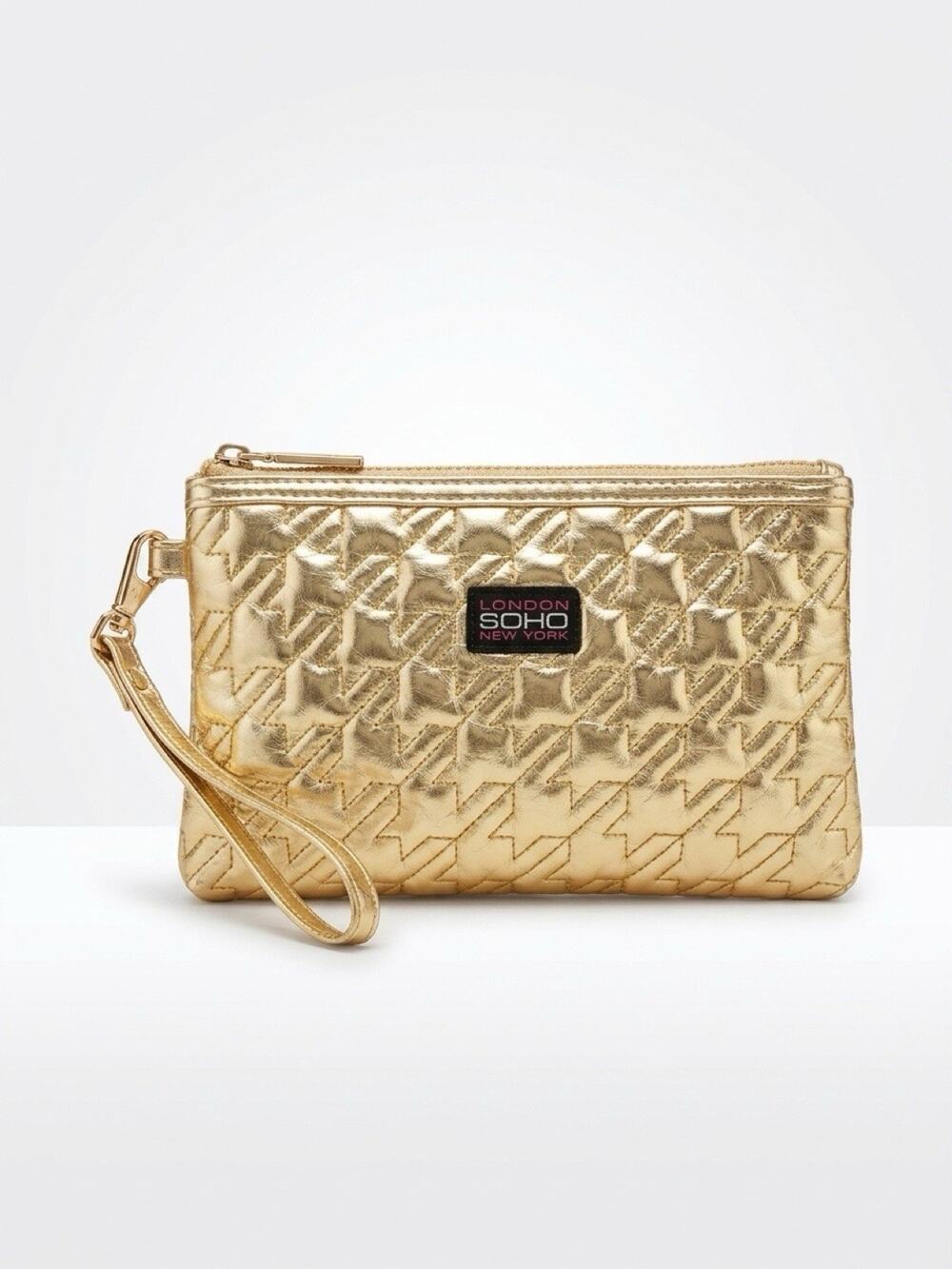 Vintage Y2K London New York Soho Wristlet Hanging Makeup Bag Gold Quilt GlamGirl